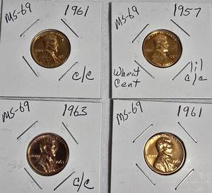 lot 93 image: Lot of 4 Pennies 1957, 1961 & 1963  with different grades and other defects. Please review below.