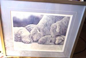 lot 558 image: SHEEP PICTURE Sleeping In (signed and numbered print 1801000 by artist Connie Bieber from New Liberty, Iowa), DESSERT DISH Bing & Grondahl 3 piece porcelain set from the Danmarks-Stellet features famous Danish places and landmarks