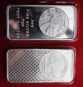 lot 583 image: Two (2) 10 Ounce .999 fine silver BARS IndianBuffalo image