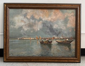 lot 79 image: Vintage  Antique Italian Oil on Canvas Bay of Naples