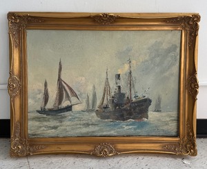 lot 82 image: Antique Signed Nautical Ships Painting in Gilt Frame