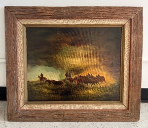 lot 83 image: Vintage Dark Moody Western Cowboy Painting Signed BJ
