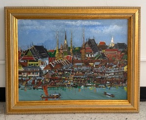 lot 84 image: Vintage Asian Nautical City Scape in Gilt frame Signed Tanfield