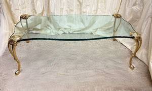 lot 1 image: Hollywood Regency HEAVY Brass & Leaded Glass Table attributed to PE Guerin