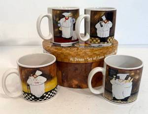 lot 17 image: Set of 4 NOS Sakura Al Dente Stoneware Mugs Ft. Fat Chef by Jennifer Garant