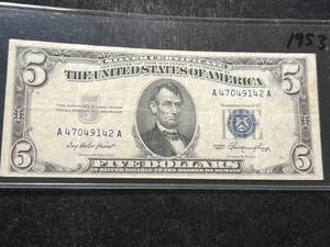 lot 76 image: 1953 US BLUE SEAL $5 SILVER CERTIFICATE
