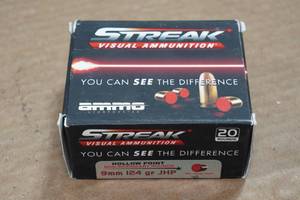 lot 186 image: 20 Ammo Inc Streak 9mm 124 Gr JHP Visual Ammo