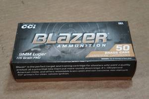 lot 193 image: 50 CCI Blazer Brass 9mm Luger 115 Gr FMJ Ammo