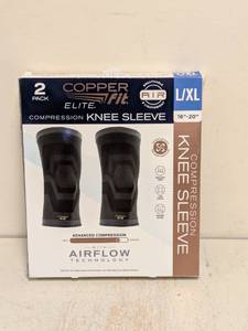 lot 104 image: NEW COPPERFIT ELITE COMPRESSION KNEE SLEEVE LX-LARGE 2PK.