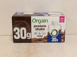 lot 185 image: NEW ORGAIN PROTIEN SHAKE CHOCOLATE FUDGE 18PK