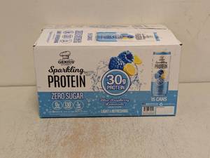 lot 163 image: NEW GENIUS GOURMET SPARKLING PROTEIN WATER BLUE RASPBERRY LEMONADE 15PK.