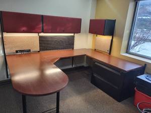 lot 4 image: Cherry Colored Wood U-Shape Desk with Herman Miller Action Office Roll-Top Desk Wall Unit and File Cabinet 72x96