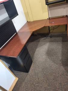 lot 21 image: Cherry Colored Wood Corner Desk with Herman Miller Action Office Roll-Top Desk Wall Unit