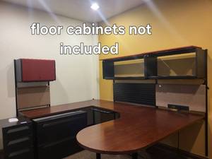 lot 27 image: Cherry Colored Wood U-Shape Desk with Herman Miller Action Office Roll-Top Desk Wall Unit 72x96