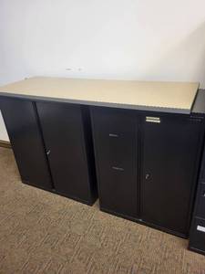 lot 33 image: Black Metal Storage Cabinets with Countertop - 2 Units, 36W x 20D x 41.5H Each, Top 66W x 24D