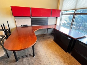 lot 104 image: L-Shaped Office Desk with Hutch - Red Overhead Cabinets & Built-In Outlets