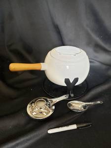 lot 9 image: White Ceramic Teapot With Wooden Handle on Stand - Includes 2 Spoons