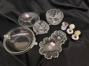 lot 23 image: Crystal Glassware Lot - Vintage Clear Cut Bowls, Trays & 2 Figurines