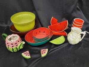 lot 30 image: Watermelon Ceramic Dinnerware Set - Assorted Bowls, Plates, Cups & Pitcher