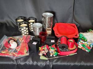 lot 32 image: Christmas Decor Lot Metal Candle Holders, Silver Vases, Ornaments, Ribbon