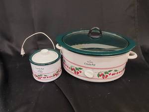 lot 36 image: Rival Crock-Pot Cherry Print Slow Cookers - Little Dipper  Large Stoneware (Lot of 2)