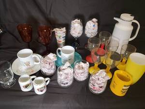 lot 39 image: Assorted Glassware & Mugs with White Coffee Carafe - Mugs, Wine Glasses, Goblets