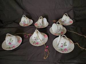 lot 43 image: Floral Teacup & Saucer Set with Hanging Chain - Pink Roses, Gold Rim