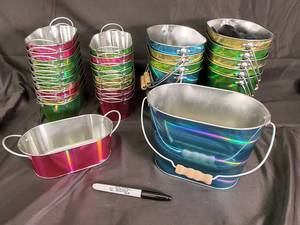 lot 62 image: Rainbow Iridescent Metal Buckets with Handles - Assorted Sizes