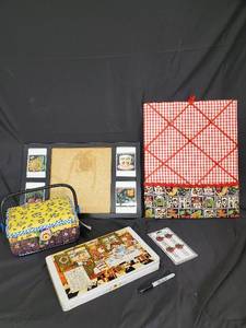 lot 66 image: Mary Engelbreits Sewing Basket - Floral Patchwork Yellow Lid, Blue Trim