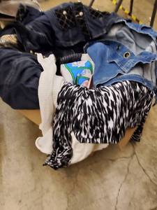 lot 76 image: Assorted Clothing Bundle - Denim Jacket, Studded Cardigan, White Top & Jeans