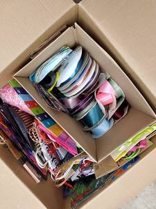 lot 77 image: Assorted Ribbon Rolls, Gift Boxes & Cards - Cardboard Box Lot