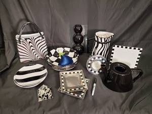 lot 79 image: Zebra Stripe Ceramic Dinnerware Set - Black & White Plates, Pitcher & Teapot