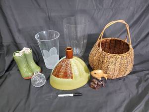 lot 81 image: Ceramic Lamp Base with Leaf Pattern - Glass Vases, Woven Basket, Boots, Wooden Bird