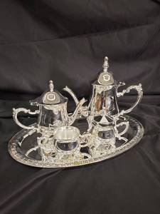 lot 82 image: Towle Caldrons Silverplate Coffee & Tea Set on an Ornate Tray