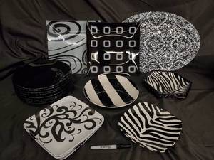 lot 85 image: Zebra Pattern Dinnerware Set - Black & White Plates, Bowls & Platters