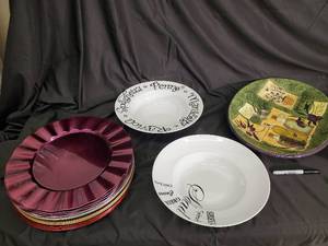lot 88 image: Ceramic Dinnerware Set - Olive Motif Plates, Spaghetti Rim Plate, Bowls & Magenta Chargers