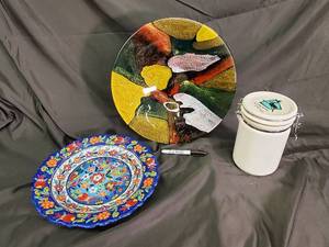 lot 92 image: Ceramic Decorative Plates & Caribou Coffee Canister - Blue Floral Plate, Handmade White Plate, Abstract Color Plate