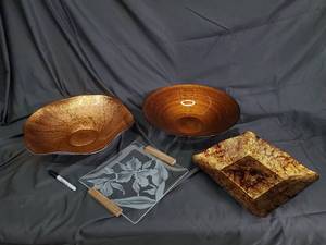 lot 93 image: Hammered Bowls & Floral Glass Plate, Gold Tray (Lot of 5)