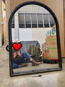lot 98 image: Arched Floor Mirror - Black Frame with Gold Trim