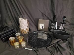 lot 100 image: Decorative Home Decor Lot Black Metal Table Lamps with Glass Globes, Speckled Plate & Votive Holders