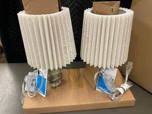 lot 27 image: Table Lamp Pair - Cream Ceramic Base, Pleated Beige Shade, 25W Type B Bulb (Sold Separately)