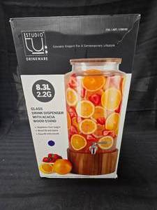 lot 19 image: 2.2 Gallon Glass Drink Dispenser with Acacia Wood Stand