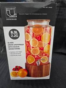 lot 126 image: Studio TU Glass Drink Dispenser w Acacia Wood Stand