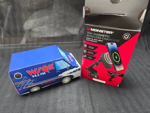 lot 221 image: Monster 15W Magnetic Wireless Charging  Dash Car Mount   WSQK 94.5 FM Stranger Things Crew Socks