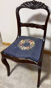 lot 144N image: Base BR - Antique Carved Mahogany Chair - Blue Floral Upholstery Seat
