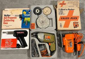 lot 147N image: BSST- Black & Decker 7530 Jig Saw, Drill and Soldering Gun Bundle