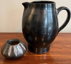 lot 182N image: DR - Prinknash Abbey Pottery Pitcher & Small Vintage Black on Black Pottery Dish - Black Glaze