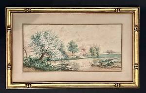 lot 9H image: LL - Vintage Landscape Print - Trees by Water with House, Gold Frame