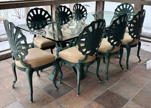 lot 11HH image: LLP - Teal Sunburst Patio Dining Set with Glass Table - 8 Cushioned Chairs