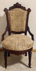 lot 18H image: LL - Antique Victorian East Lake Walnut Parlor Armchair - Floral Tapestry Upholstery